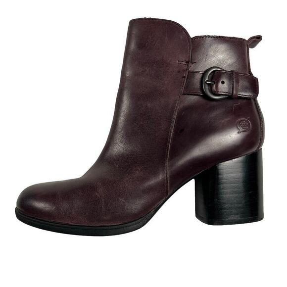 Born Gillian Moto Leather Ankle Boots Block Heel Zip Burgundy Aubergine Size 7M - Picture 1 of 16